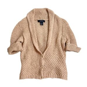 Express Mohair Wool Tan Short Sleeve Cropped Cowl Neck Knit Cardigan Sweater S